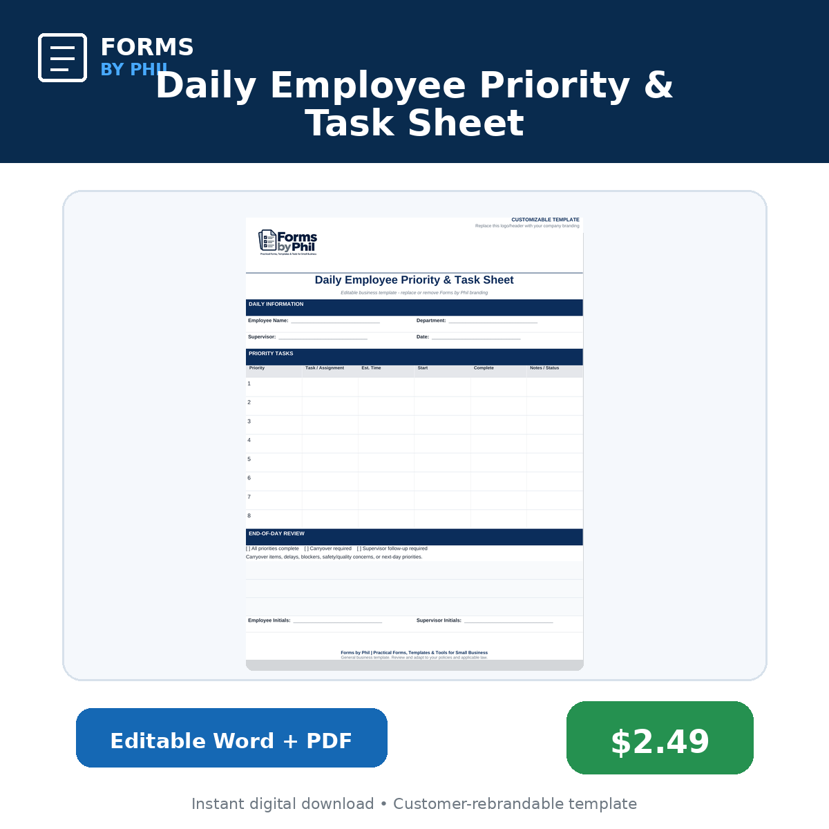 Forms by Phil Daily Employee Priority and Task Sheet