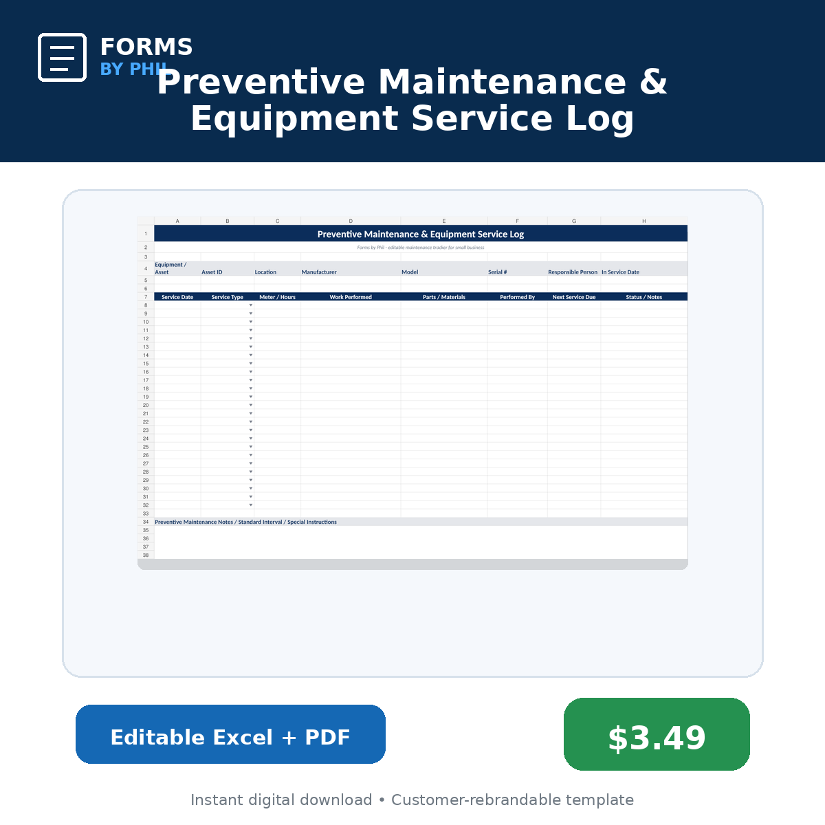 Forms by Phil Preventive Maintenance and Equipment Service Log